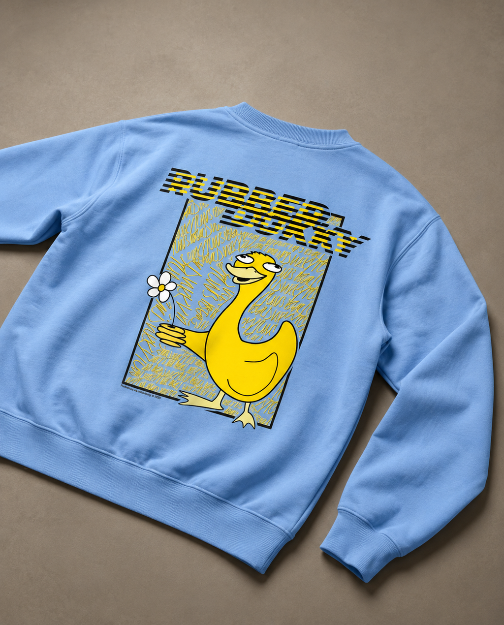 Blue Doodledukky 2 crew sweatshirt, back showing large duck and flower graphic