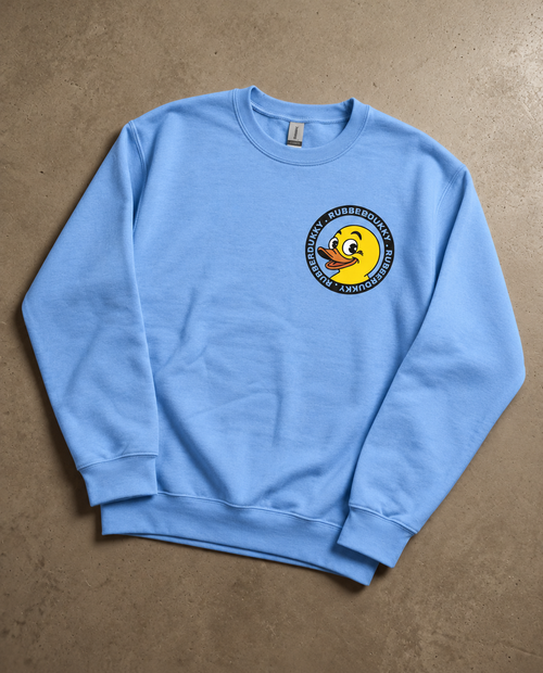 Blue Doodledukky 2 crew sweatshirt, front showing small duck chest emblem