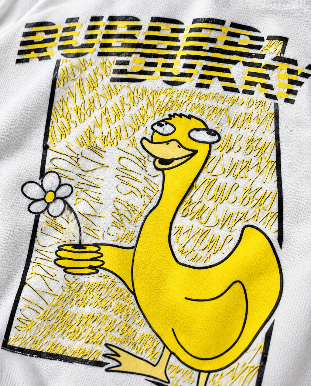 Close view of Doodledukky 2 graphic on white crew sweatshirt