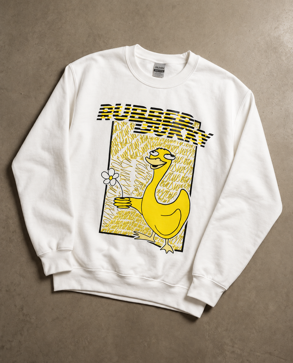 White Doodledukky 2 crew sweatshirt with duck and flower front graphic