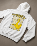 White Doodledukky 2 hoodie back with large yellow duck and flower graphic