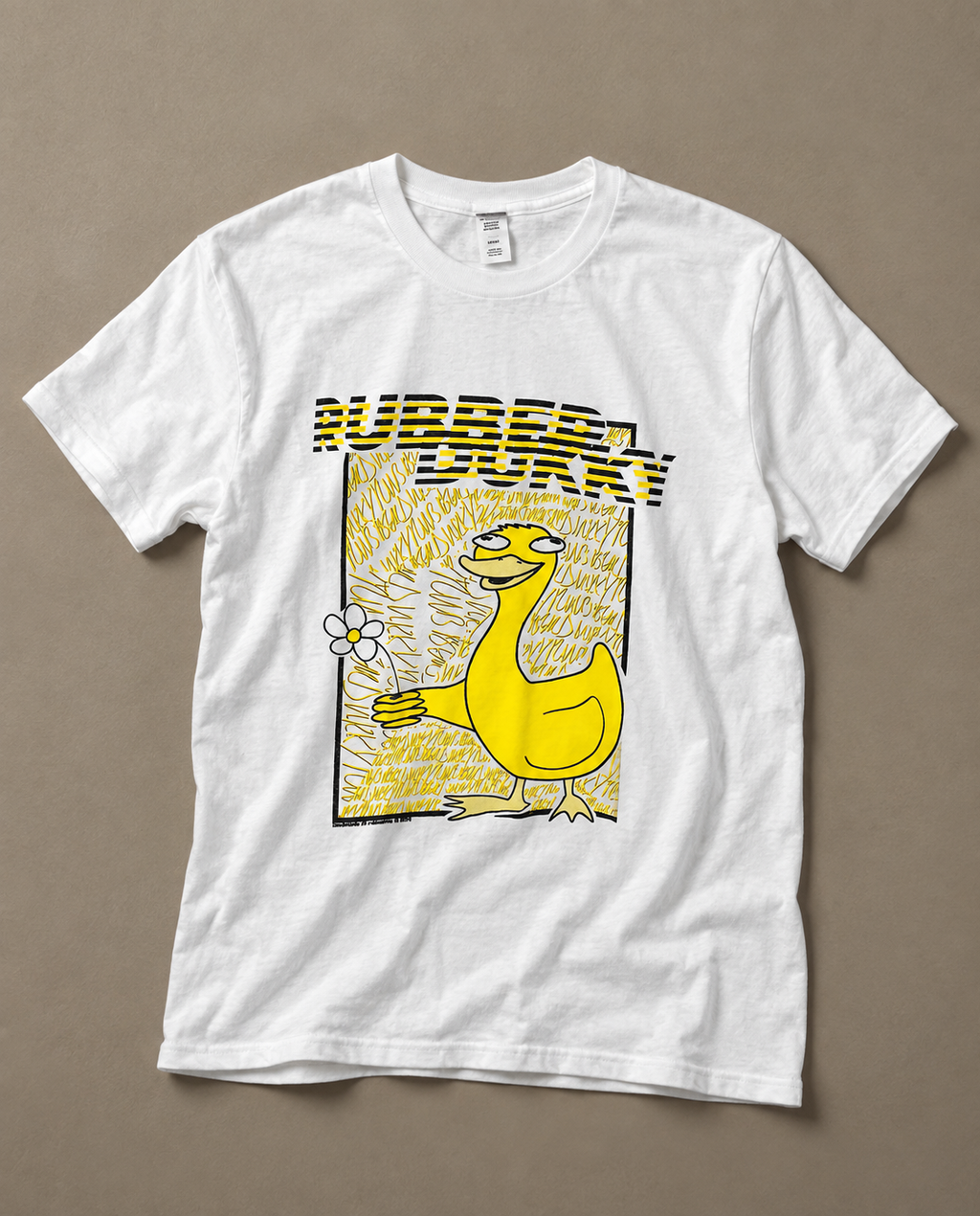 White Doodledukky 2 tee with duck and flower front graphic