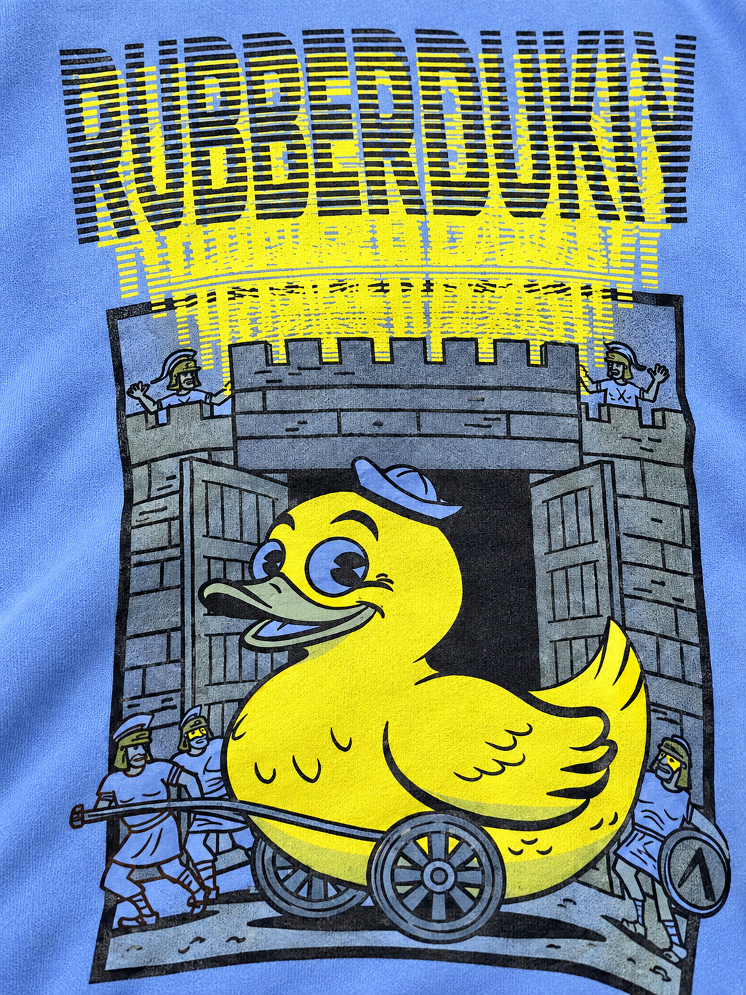 Close view of Trojan Dukky castle and duck artwork