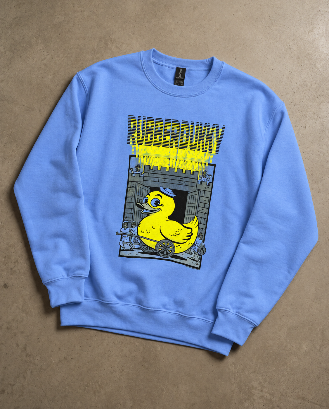 Blue Trojan Dukky crew sweatshirt with duck and castle front artwork